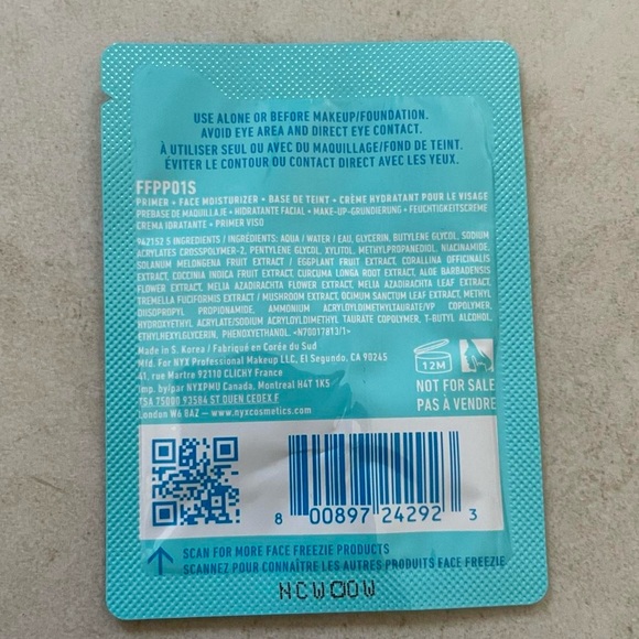 NYX Face Freezie Cooling Primer + Moisturizer Sample Packet .05oz / 1.5ml New - Picture 2 of 4